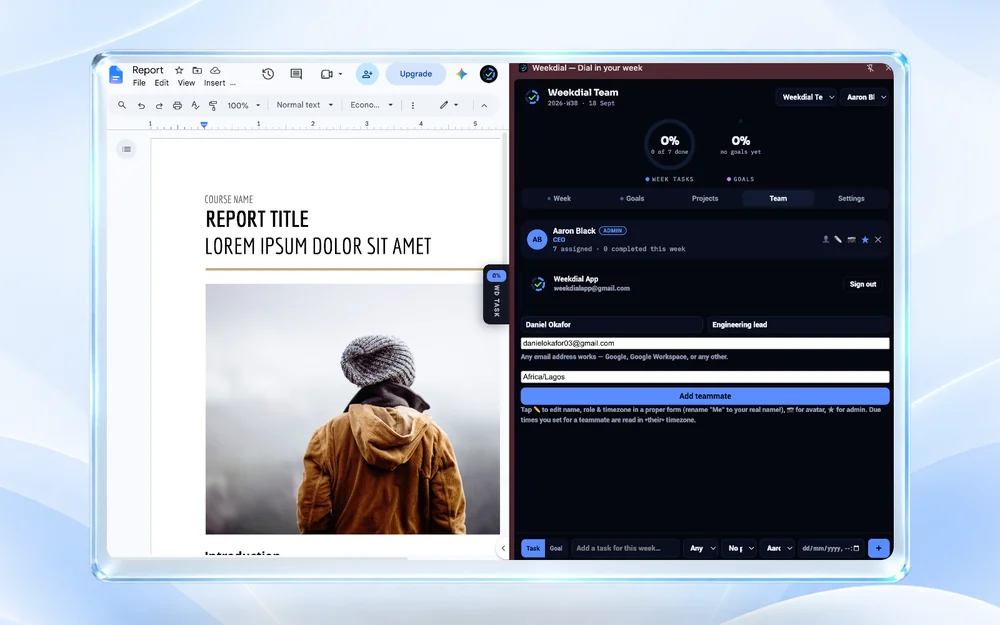 Adding a teammate by email in the Weekdial team tab