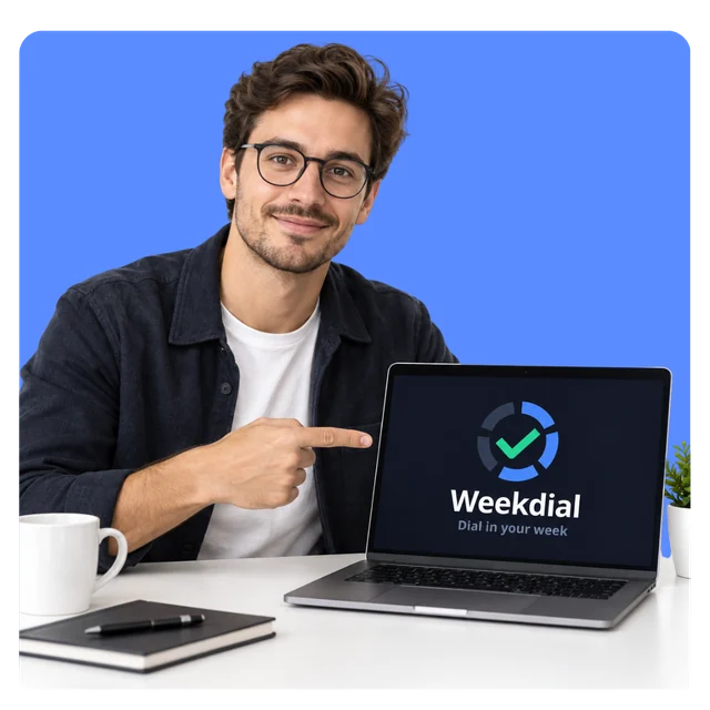 Someone working calmly at a desk with Weekdial on screen