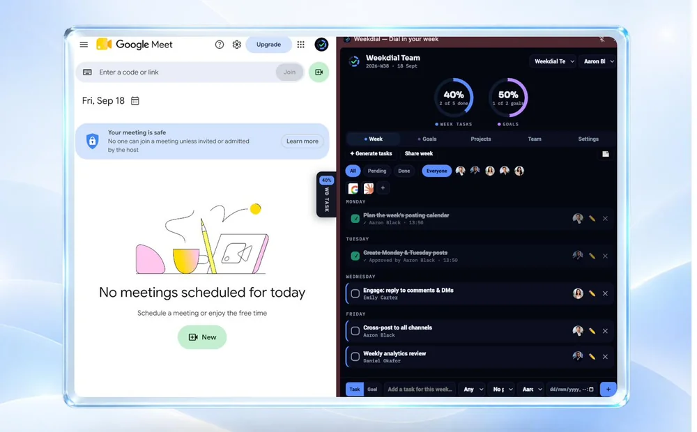 A week of tasks in the Weekdial panel beside a browser tab